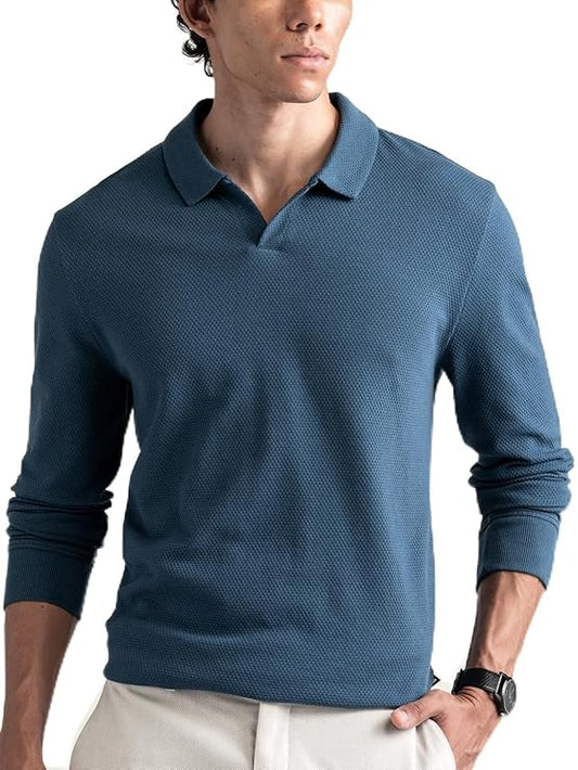 Men’s Blue Textured Long Sleeve Polo T-Shirt