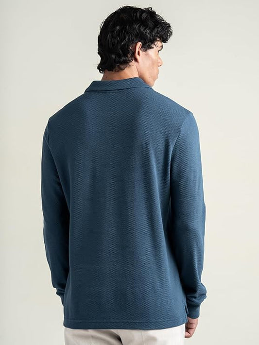 Men’s Blue Textured Long Sleeve Polo T-Shirt