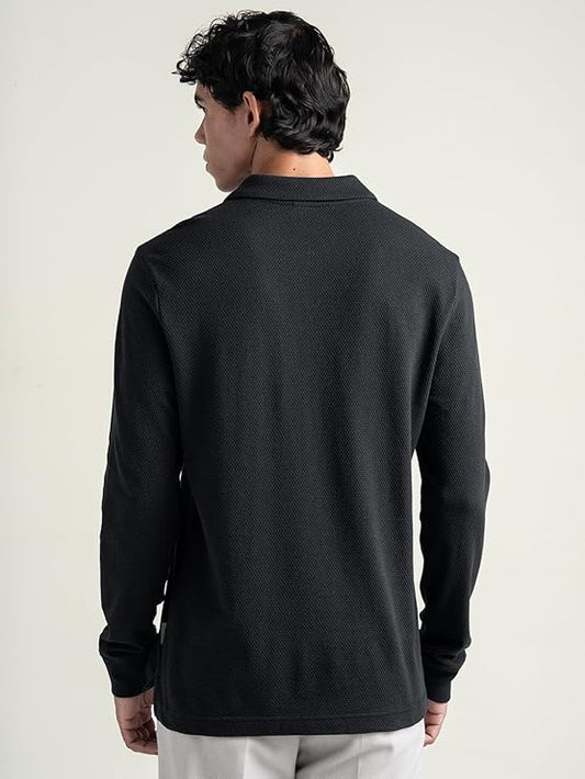 Men’s Black Textured Long Sleeve Polo T-Shirt